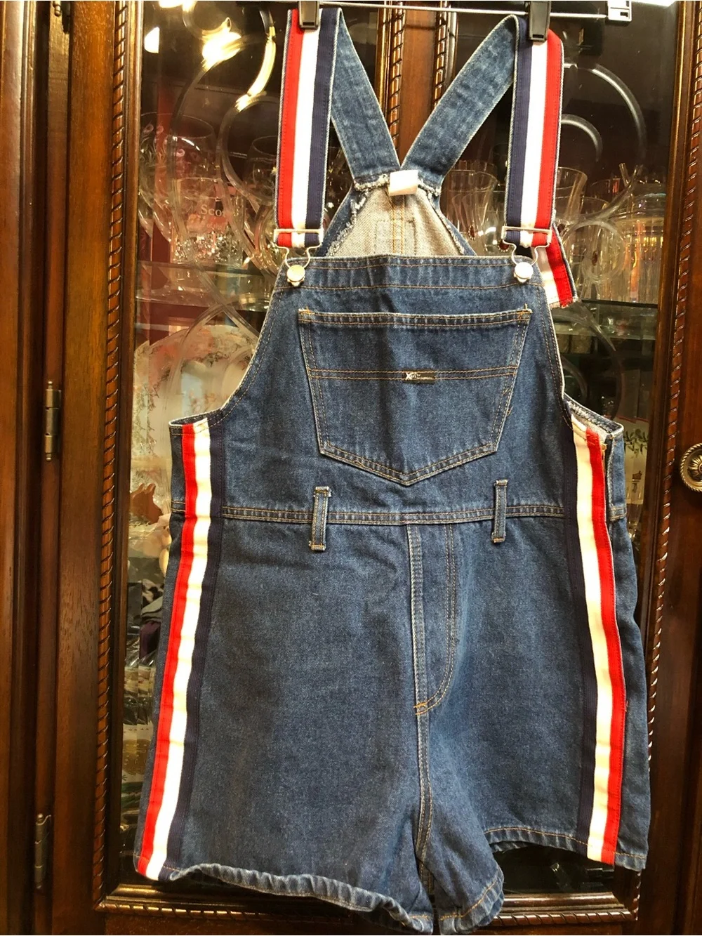 Woman’s Blue Denim Short Overalls with Red and White Stripe Accents